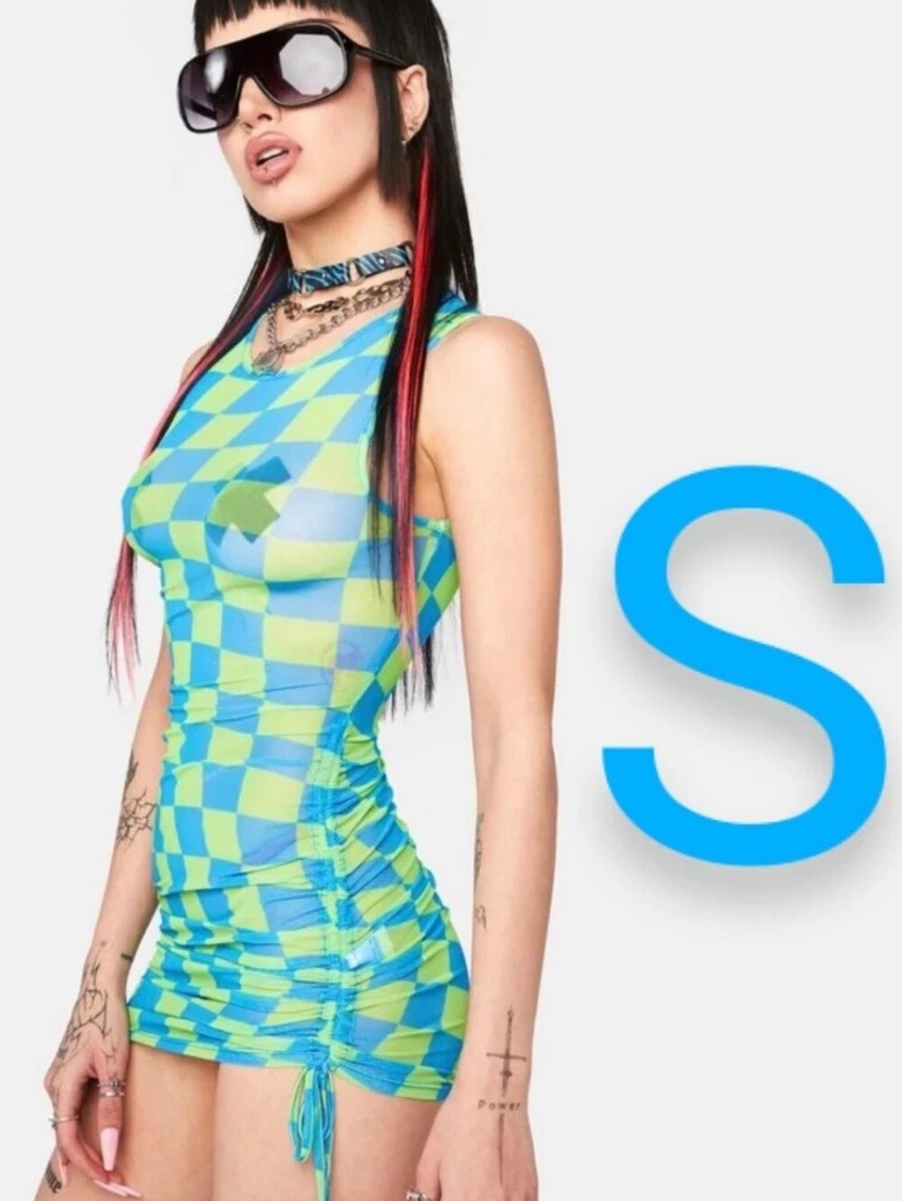 🆕Blue & Green Checkered Print Mesh Mini Bodycon Dress~Size S